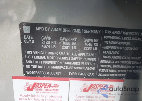 2011 Buick Regal Cxl Russelsheim from USA, damaged, VIN W04GR5EC8B1005751